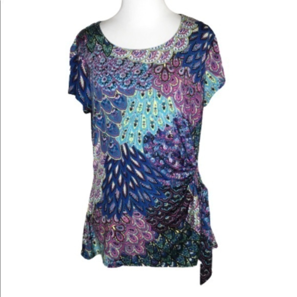 S Levine Blue Multicolor Peacock Short Sleeve Faux Wrap Casual Top M